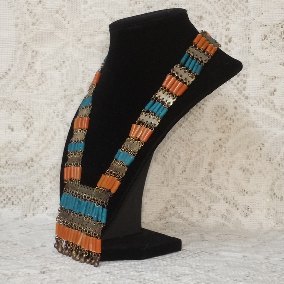 Vintage Mid Century Egyptian Revival Bib Necklace Clip Earring Set Faience - Picture 8 of 12